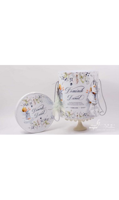 Trusou botez cu ingeri si flori de bumbac personalizat pentru baieti Ingerul Albastru 19